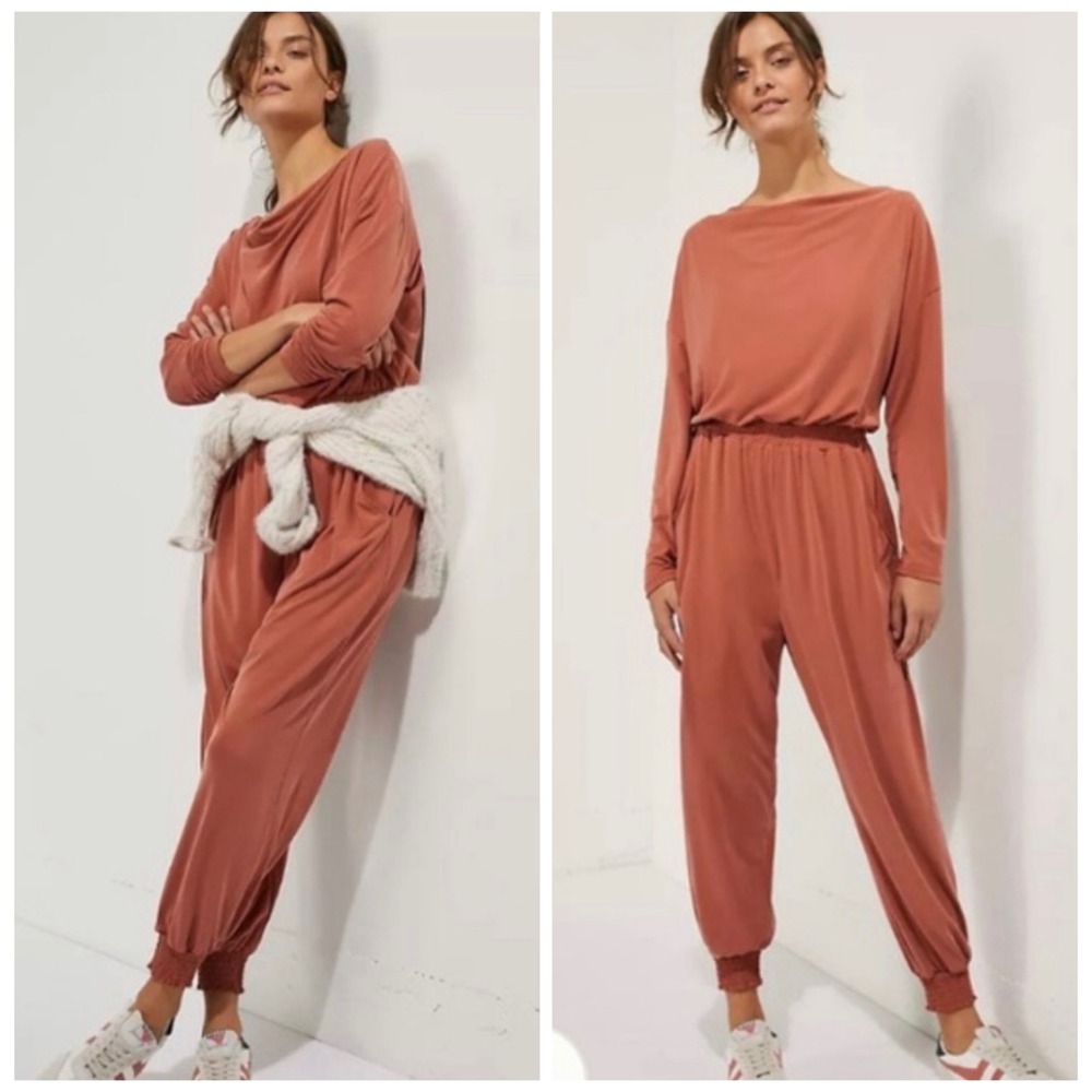 Saturday/Sunday Anthropologie Jumpsuit Womens L Rust Boho Cowl Neck Modal Jogger